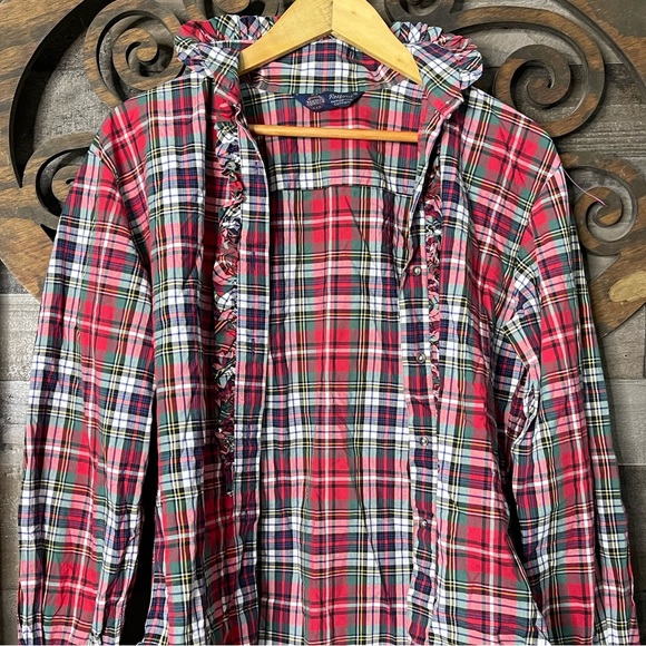 Plaid Ruffle Blouse Sz 10 Vintage Red Green Preppy Academia 1980s Chic - Picture 16 of 16